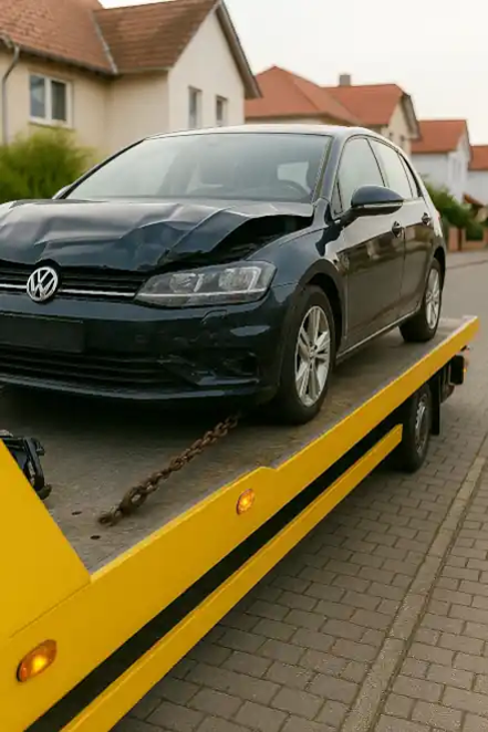 Ein defektes Auto wird in Baesweiler abgeschleppt, ein wichtiger Schritt im Autoankauf-Prozess.